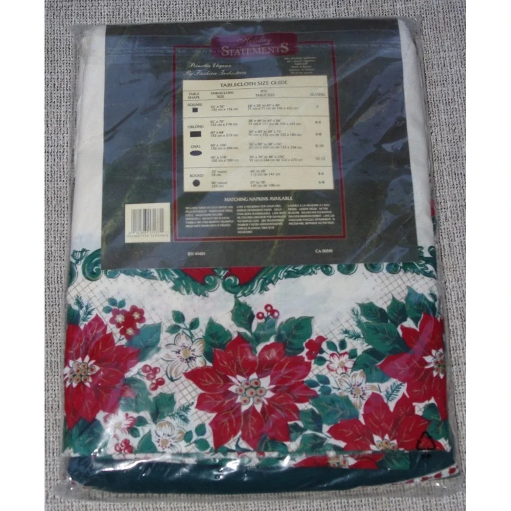 Vtg 90s Christmas Fashion Industries Poinsettia Elegance Tablecloth NOS 60 x 118